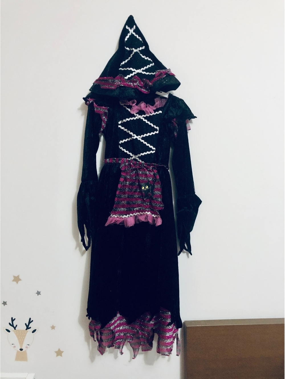 Disguise Fairytale Witch Costume Girls 4-6X Black Pink Cat Dress + Hat Halloween